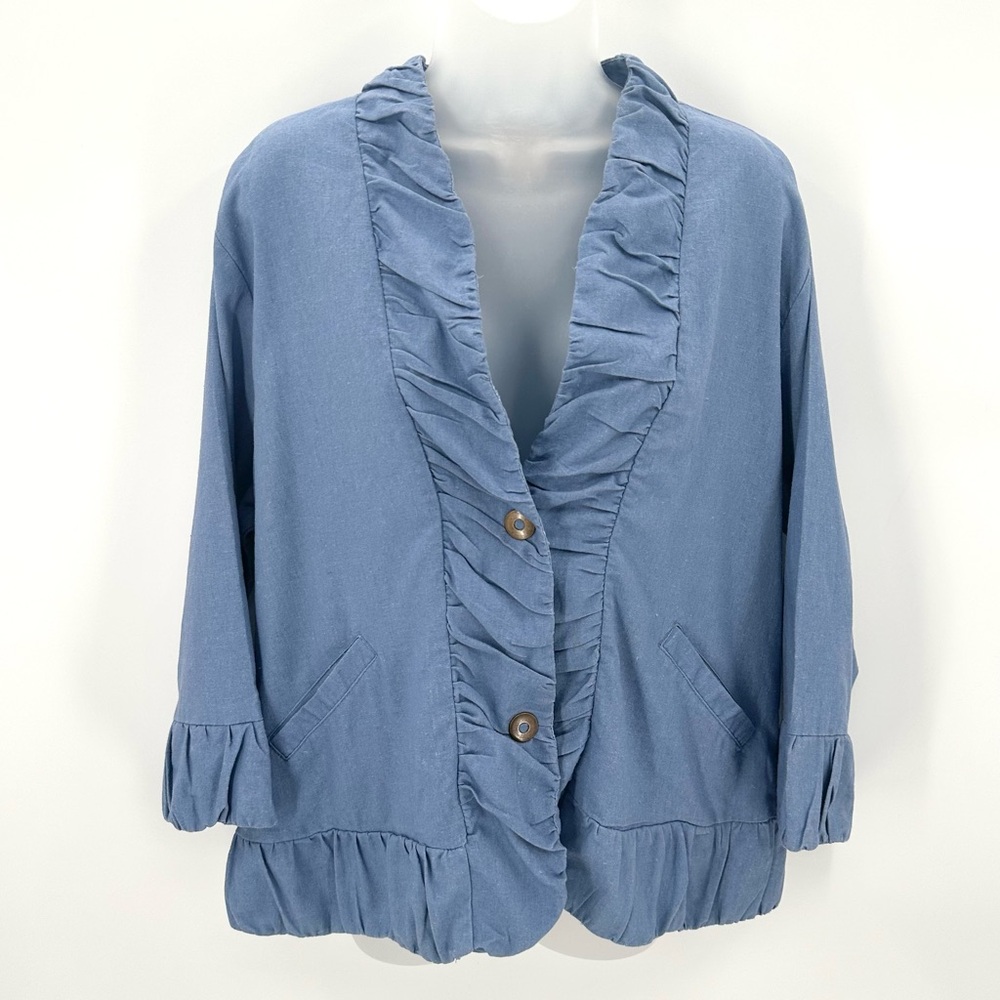 Mokachino Jacket Womens 1X Blue Linen Blend Plus Snaps Ruched Trim Top 3/4 Slv